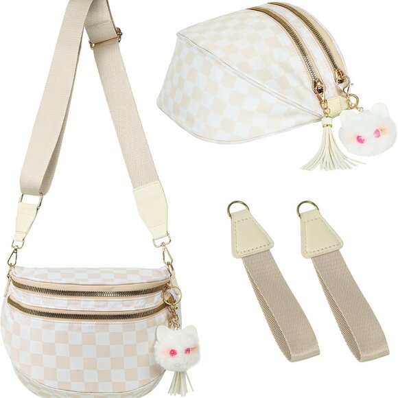 Beige Checkered Nylon Crossbody Bag - Stylish, Waterproof, Adjustable Strap - Picture 1 of 7